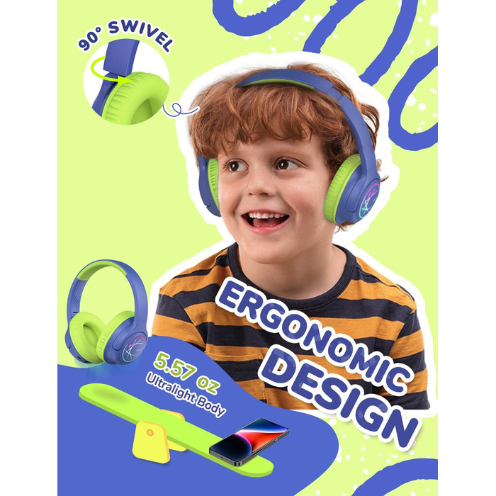 iClever Бездротові навушники для дітей з LED-підсвіткою, обмеження гучності 74/85 дБ, 43 години роботи, стерео звук, Type-C, AUX-кабель, Bluetooth 5.3, для планшетів/подорожей (зелено-блакитний)