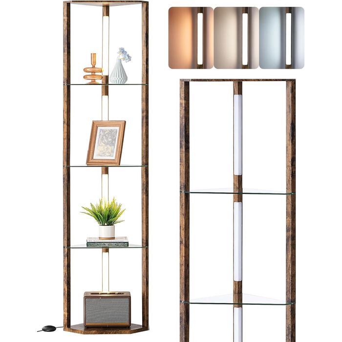 Стійка лампа EDISHINE з 4 полицями з дерева, LED диммер, 3 кольори світла, поворотний світловий маніпулятор, підсвічування полиць, регулювання яскравості, футовий вимикач, для вітальні (Вінтаж-коричневий+скло)