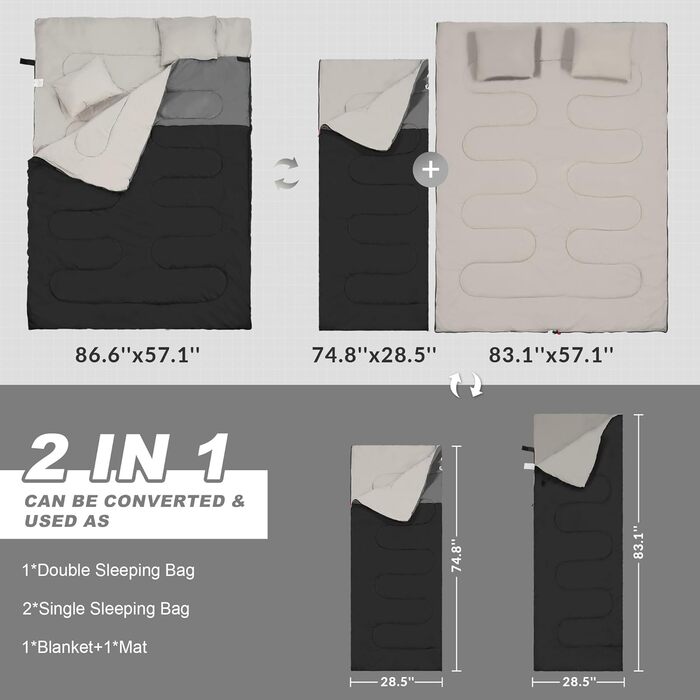 Спальний мішок Elevon для дорослих, підлітків та дітей, для холодної та теплої погоди, водонепроникний, легкий, компактний з компресійним мішком, для 3-4 сезонів, кемпінг, рюкзак, туризм, подорожі, зелений (2 особи, 1 шт., чорний)