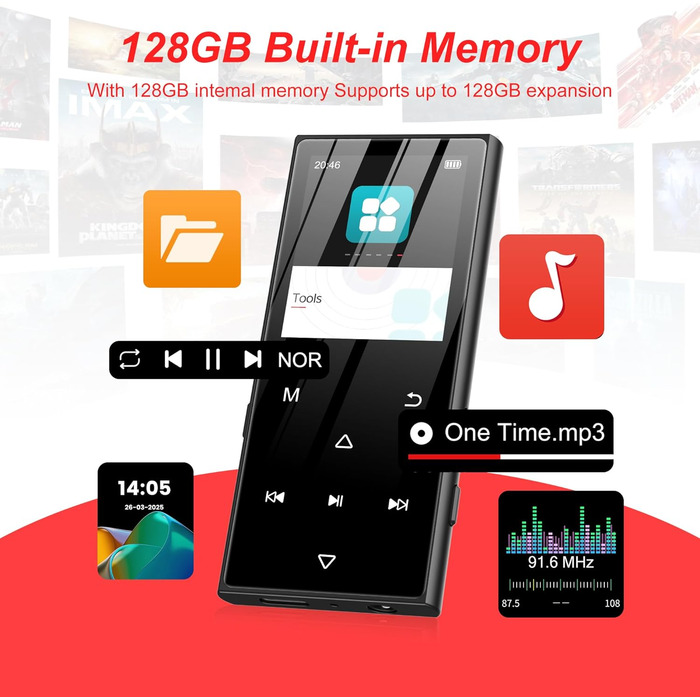 MP3-плеєр SWOFY 128GB з Bluetooth 5.3, 1.8