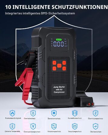Пусковий пристрій Povasee Jump Starter 9000A з компресором 150 PSI, бустер для авто 12V та Powerbank з ліхтариком (Червоний/Чорний)