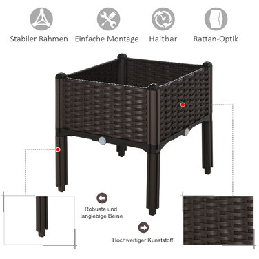 Outsunny Raised Garden Bed Planter, Rattan-Look 40x40x44cm with PP Drainage Holes in Brown for Garden & Balcony