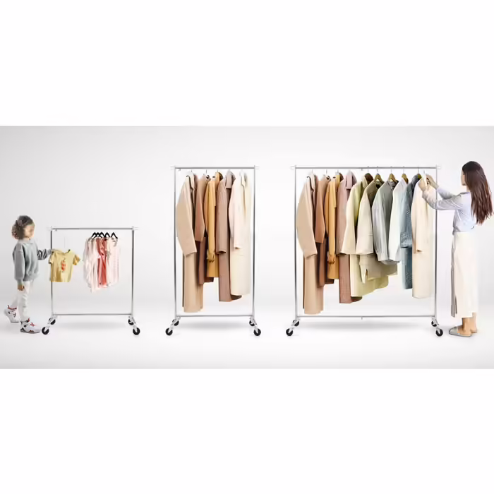 Tatkraft New York Clothes Rack Extendable Width and Height, Clothes Rack on Wheels, 86-143 x 44 x 100-165 cm, Mobile Stable Clothes Rack made of Stainless Steel (Steel)