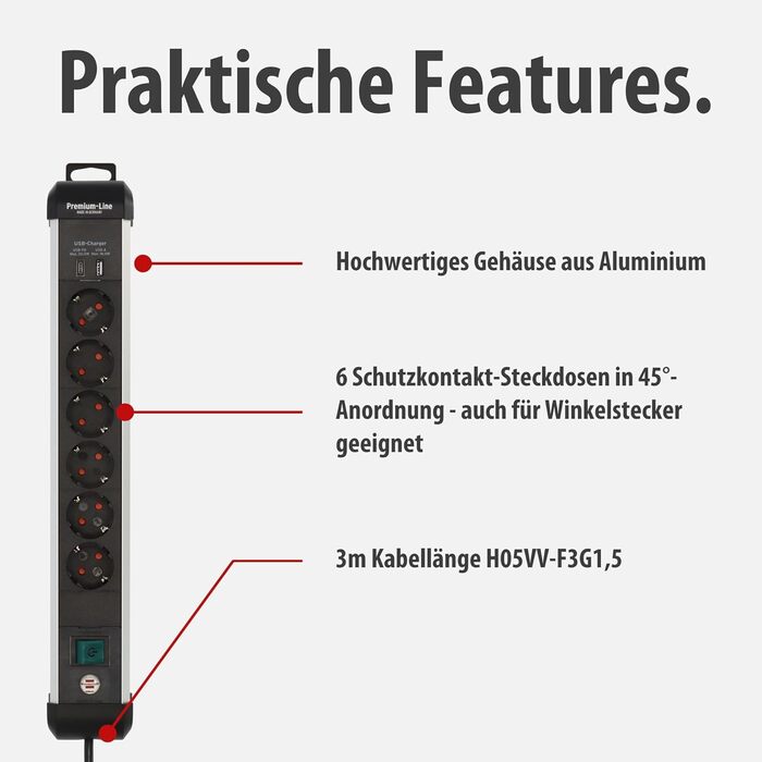 Мережевий фільтр Brennenstuhl Premium-Alu-Line на 6 розеток з USB (USB-C PD 30W та USB-A 18W), 3м, алюмінієвий корпус, з вимикачем, Made in Germany