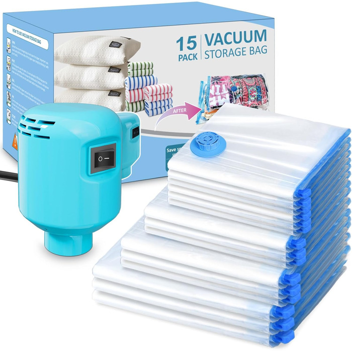 Kissleaf Vacuum Bags for Clothes and Bedding with Electric Pump, 15 Pieces, Travel, Quick Air Extraction, Space-Saving, Dust and Waterproof, Plus Size for More Compression