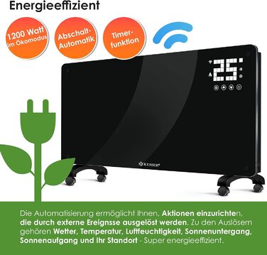 Електричний конвектор KESSER® з Wi-Fi, LCD-дисплеєм та пультом керування. Чорний, 2500 Вт. Можливість встановлення на стіну або на підлогу.