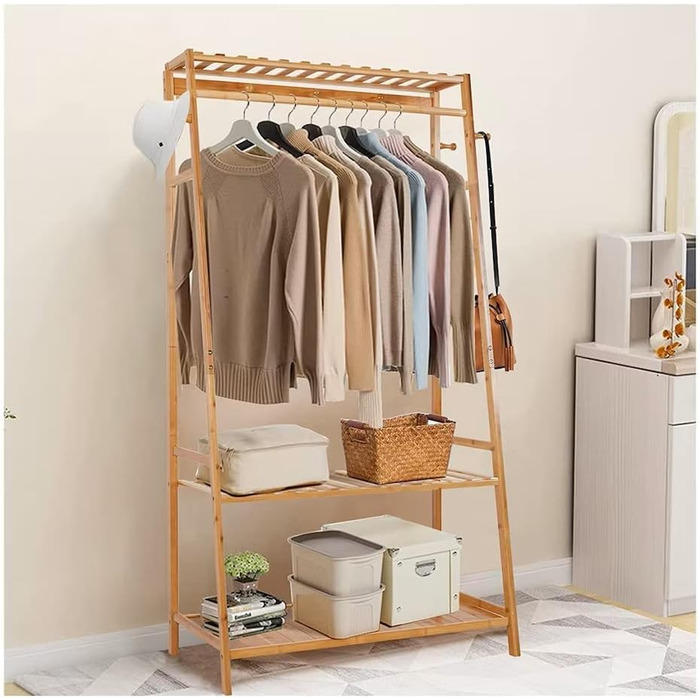 Bamboo Coat Rack, Clothes Rack with 3 Shelves and 10 Hooks, Clothes Rail, for Hallway, Living Room and Office, 80x43.5x165cm