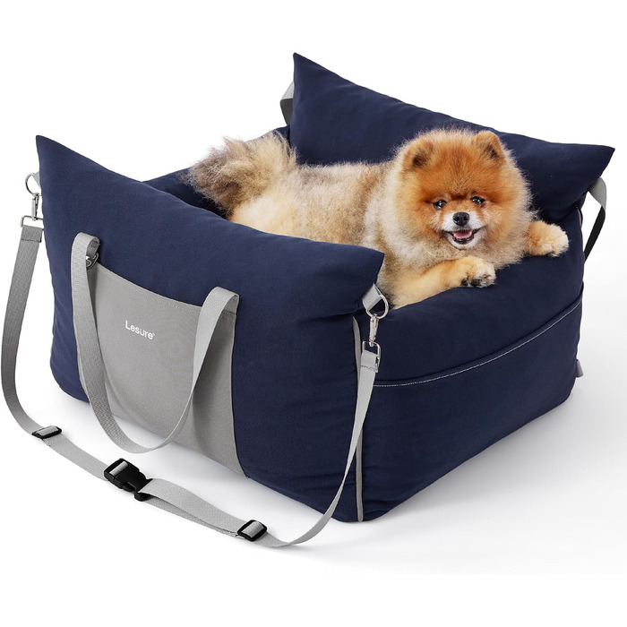 Pet Car Seat for Small Dogs - Waterproof and Washable Dog Car Seat with Storage Pockets, Detachable Safety Leash, and Thickened Memory Foam Filling, 58x56x33cm, (Navy Blue)