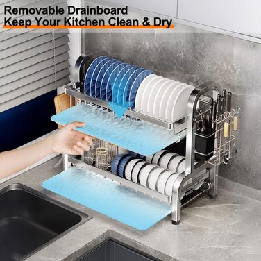 Сушарка для посуду Devesanter 2 яруси, 42 см, багатофункціональна, з піддоном, для ножів та обробної дошки (срібна)