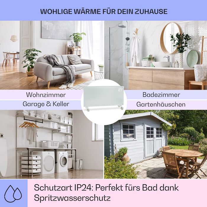 Klarstein Electric Heater, Convector Heater with Floor Wheels, Mobile Electric Heater Energy-Saving, Slim, Quiet Electric Heater, Standalone Electric Radiator with Thermostat, 2000 W White Bornholm