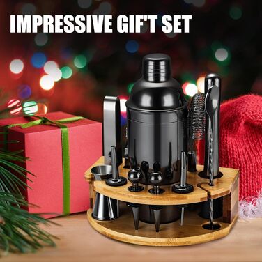 Набір для приготування коктейлів, 12 предметів, нержавіюча сталь, 750 мл, з дерев'яною підставкою та книгою рецептів