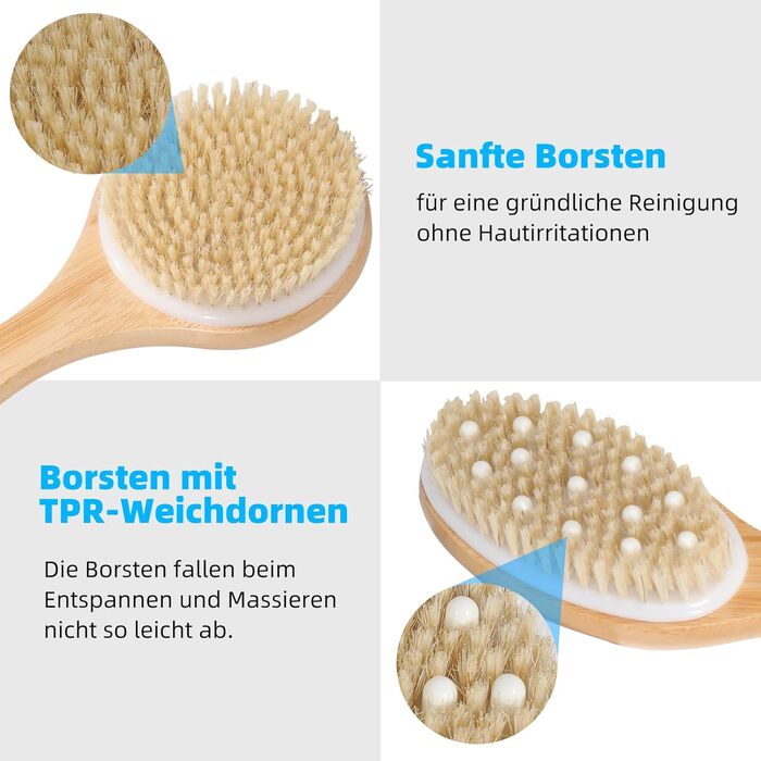 Набір з 2 шт. щітки для сухого масажу тіла, щітка для спини та душу з довгою ручкою, щітка для лімфодренажу, натуральна щетина для пілінгу та лімфодренажу, масажна щітка для тіла