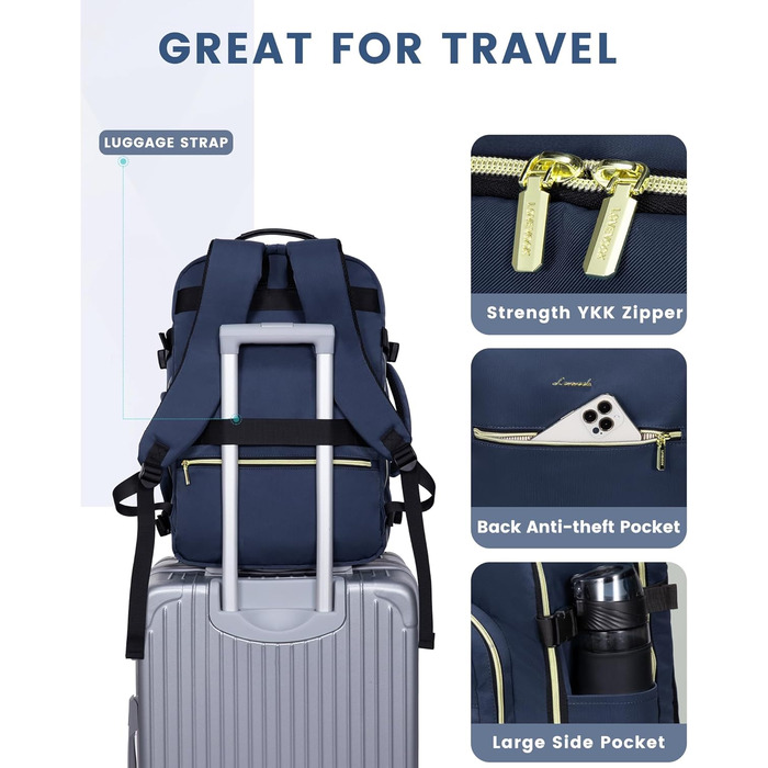Рюкзак LOVEVOOK для ручної поклажі в літак, 40L, великий, для жінок, валіза-рюкзак, водонепроникний, для 17-дюймового ноутбука, рюкзак для подорожей, бізнесу, ділових поїздок, туризму, відпочинку на вихідних (L, темно-синій+чорний)