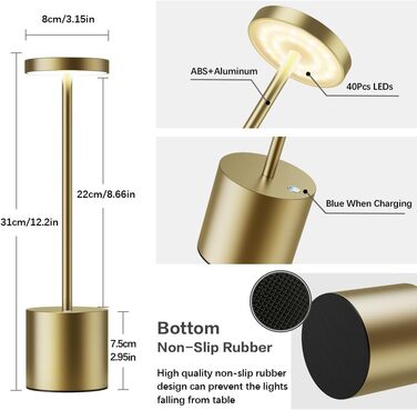LED акумуляторна настільна лампа бездротова, 5000mAh, USB-зарядка, регулювання яскравості, 3 режими кольору, для відпочинку на вулиці, нічника, обіднього столу, балкону – (бронза)