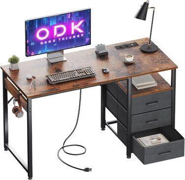 Комп'ютерний стіл ODK з 3 тканинними шухлядами, розетками та USB, реверсивний письмовий стіл для домашнього офісу, 120x48x75,5 см, коричневий