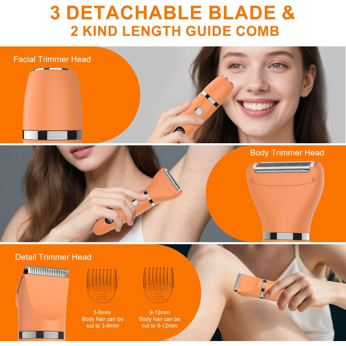 Електричний жіночий триммер 3-в-1 для обличчя, тіла та зони бікіні. Вологостійкий, з LCD-дисплеєм, помаранчевий