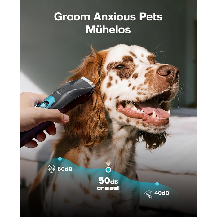 Машинка для стрижки собак та котів oneisall 2-в-1 з тримером для подушок, LED-підсвічуванням, тиха, акумулятор 2000 mAh, для густого та кучерявого хутра, синього кольору