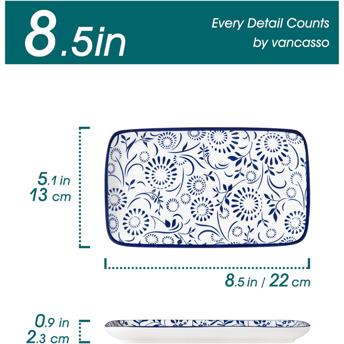 Набір сервірувальних тарілок Vancasso Selene (6 шт.) - великі, прямокутні, порцелянові, для свят, сніданків, фуршетів, сирної тарілки, мікрохвильова піч та посудомийна машина, блакитно-білий колір