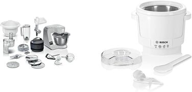 Bosch Kitchen Machine Series 4 MUM5XL72, integrated scale, 2x 3.9L bowls & MUZ5EB2, 550ml, homemade ice cream, sorbet, and frozen yogurt, white, compatible with Kitchen Machine Series 4 Grey / Silver 6 Accessories Bundle with ice cream maker