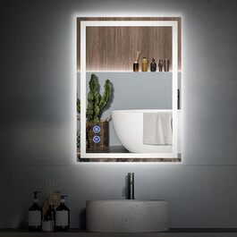 Дзеркало для ванної кімнати з підсвічуванням 50x70 см, сенсорне керування, протитуманне покриття, 3 кольори світла, регулювання яскравості, пам'ять налаштувань, матове, прямокутне