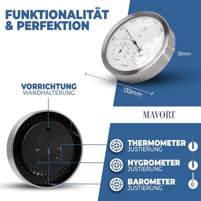 MAVORI® Weather Station Analog - 3in1 Barometer, Hygrometer & Thermometer for indoor and outdoor use - Ø 13.5cm stainless steel frame with acrylic glass in a modern design - Includes thermometer & hygrometer