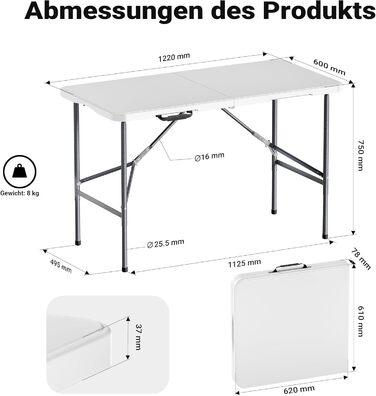 Складний кемпінговий стіл Wiltec 122x60x75 см з ручкою для перенесення - для пікніка, саду, вечірок