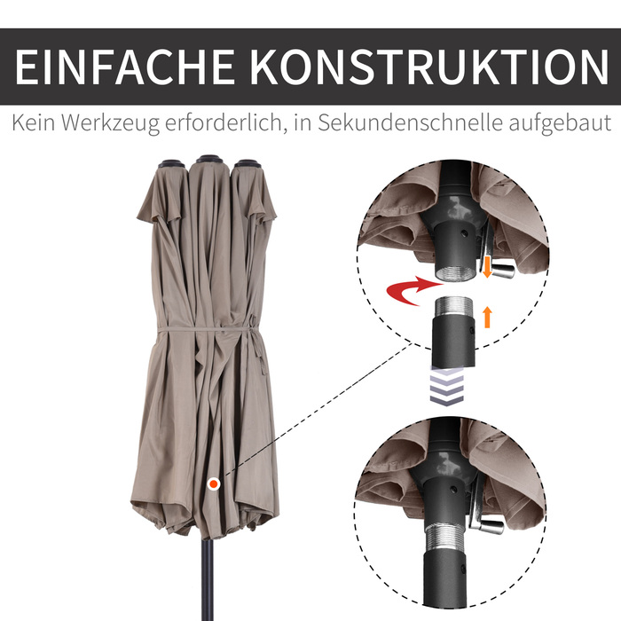 Outsunny Market Umbrella, Double Canopy Umbrella with Hand Crank, Oval 460 x 270 x 240 cm in Light Coffee for Garden & Terrace
