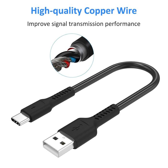 USB-C кабель короткий 20 см (5 шт) Type-C 3A для Samsung Galaxy, Huawei, OnePlus - Чорний