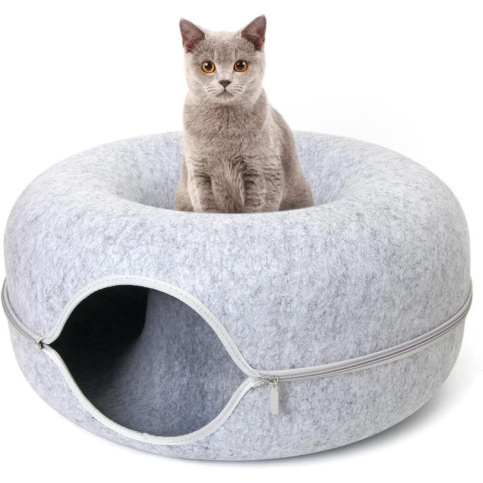 Lucky Sign – Котяча печера-тунель з фетру, багатофункціональне котяче ліжко та іграшка, затишний котячий кошик і подушка, 60x60x28 см, світло-сірий