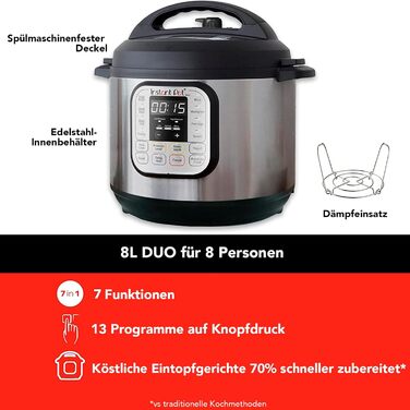 Instant Pot Duo 80 Electric Multi-Cooker 1200W, 7.6L, Stainless Steel - Pressure Cooker, Slow Cooker, Rice Cooker, Sauté Pan, Yogurt Maker, Steamer, and Sterilizer, Silver Duo 7.6 Liter