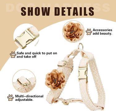 Набір для прогулянок з собакою: шлейка та поводок, розмір S, білий, бежевий. Регульована шлейка без тяги з бантиком та ручкою для зручності. Ідеально для дівчаток.