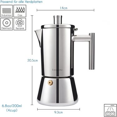 Easyworkz Diego Stovetop Espresso Maker, Stainless Steel, Italian Coffee Machine, Moka Pot for 6 Cups, 300 ml Espresso Pot for Induction (200ml, Silver)