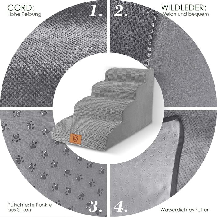 4-Step Dog Stairs, 50cm High Sponge Pet Stairs for Dogs and Cats, Non-Slip Pet Ladder Cat Stairs with Washable Cover for Sofa Bed, Grey