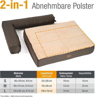 Диван-лежанка для собак JAMAXX Premium 2-в-1 - ортопедичний, з Memory Visco, знімні подушки та чохол, м'який фліс/овчина/шерпа, PDB3014 (120x85 см, коричневий+бежевий фліс)