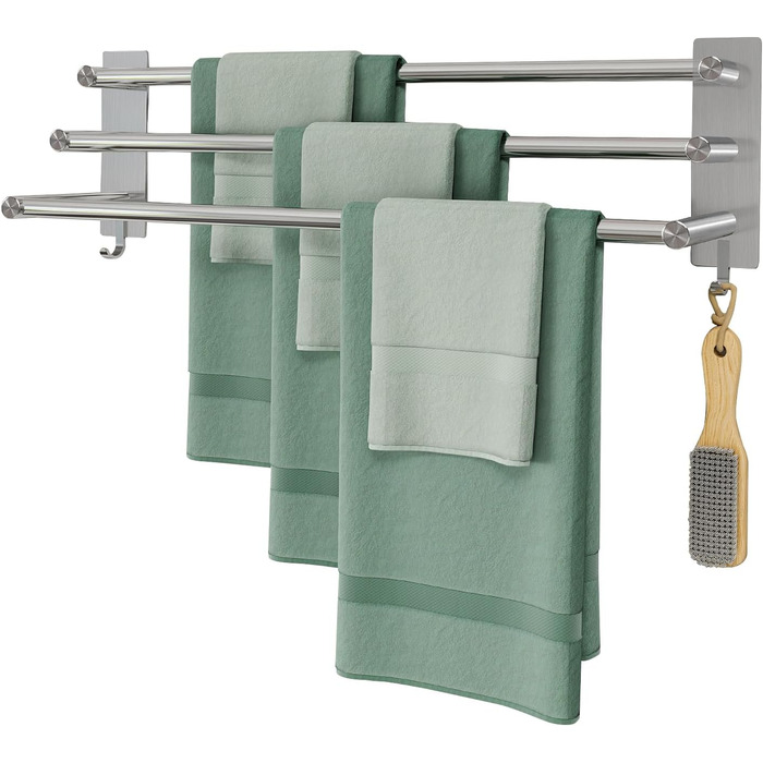 Тримач для рушників на стіну без свердління, SUS304 нержавіюча сталь, 3 стійки, 2 гачки, 60 см, сріблястий