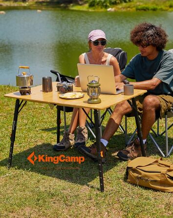 Складний стіл KingCamp з бамбука з UV-захистом, регульований по висоті, для кемпінгу, саду, грилю, пікніка, офісу (100x70 см)