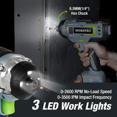 WORKPRO Набір акумуляторних шуруповерт та ударний шуруповерт 20V 2.0Ah (2 акумулятори, зарядний пристрій, 6 свердл, 10 біт)