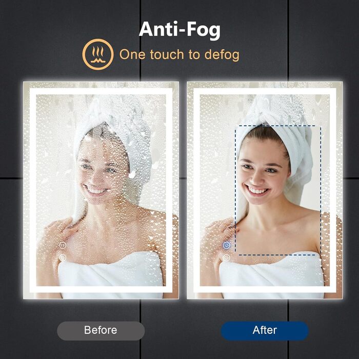Дзеркало з підсвічуванням 70x50 см для ванної кімнати, сенсорне керування, антизапар, 3 кольори світла, регулювання яскравості