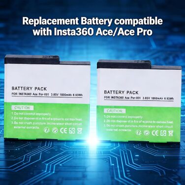 2 батареї Insta360 2800mAh з зарядним пристроєм USB-C, сумісні з Insta360 Action Camera, включаючи Micro SD картки (ACE)