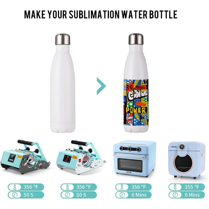 PYD Life Thermo-Sport Water Bottles, Blanks, Stainless Steel, with Lid, for Mugs, Heat Press, Sublimation Printing, Oven Printing, 482 ml, White, 4 Pieces