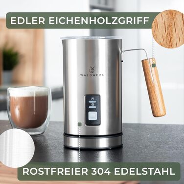 WALDWERK Milk Frother made of 304 Stainless Steel and Oak Wood - Electric Milk Frother for Perfect Foam or Hot Chocolate - Milk Frother - Electric Milk Frother