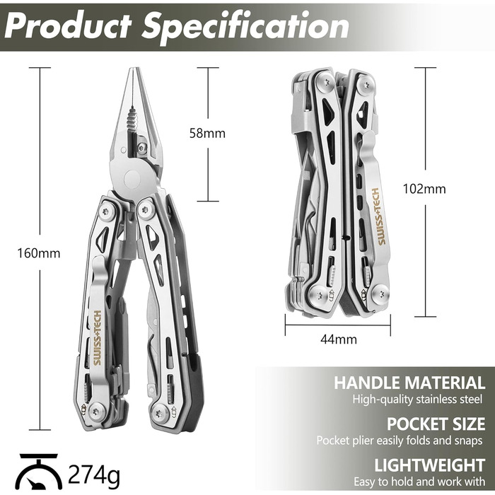 Мультитул Swiss+Tech 16 в 1: мультифункціональний інструмент з нержавіючої сталі з ножем, відкривачкою та кліпсою для ременя. Ідеально для кемпінгу та ремонту. З чохлом (Срібний)