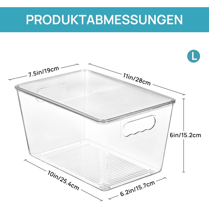 Vtopmart 6-Piece Storage Boxes with Lid, Stackable Plastic Boxes for Kitchen Storage & Organization, Perfect for Bathroom, Closet, Kitchen, Refrigerator, Closet Organization (L)