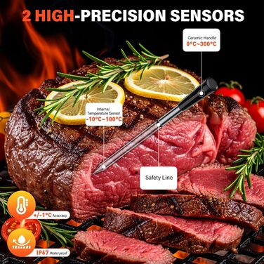 Бездротовий термометр для м'яса з 2 зондами, великий LCD-дисплей, Bluetooth, 130м, термометр для приготування на грилі, BBQ, духовки, гриля, коптильні, сковороди, фритюрниці, водонепроникний IP67
