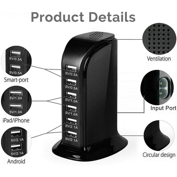 Зарядний пристрій USB мережевий 30W, 6 портів, для iPhone 12/13/14, Samsung Galaxy S22 Ultra/Z Fold/Z Flip, планшетів - Чорний