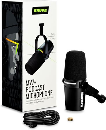Shure MV7+ Повний комплект для подкастингу: USB/XLR мікрофон, LED-сенсор, автоматичне регулювання, цифровий поп-фільтр, ефекти реверберації - Білий