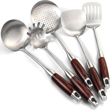 Набір кухонного приладдя з нержавіючої сталі, 5 предметів: лопатка, половник, шумовка, серветка для пасти та шумовка, придатний для миття в посудомийній машині