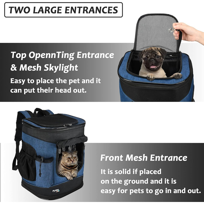 Kato Pet Carrier Backpack for Dogs & Cats - Breathable Mesh Travel Bag for Medium Dogs & Puppies - Portable Marine Blue