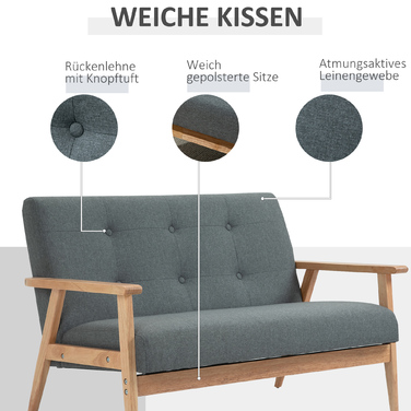 HOMCOM Подвійне диван-крісло Loveseat на 2 місця з м'якою оббивкою, компактний дизайн з льону та гумового дерева, сірого кольору, розміром 115x66,5x73 см для вітальні