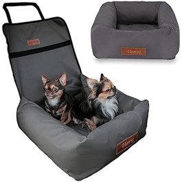 Крісло-ліжко для собак Petsen з іменем, сіре. Зручне автокрісло для собак маленьких порід, автоліжко з ліжком та поводок.